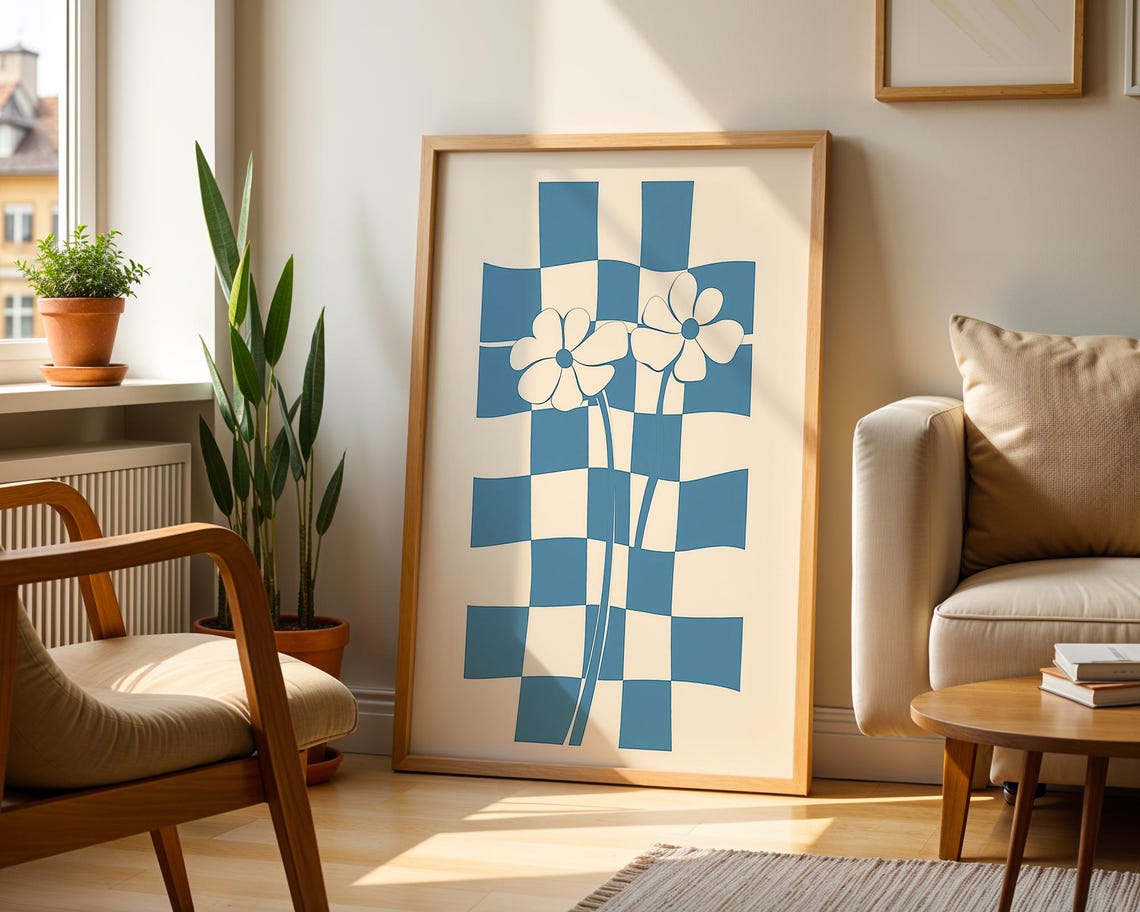 Blue Wavy Checkerboard with White Flowers Retro Boho Art Poster - Image 5