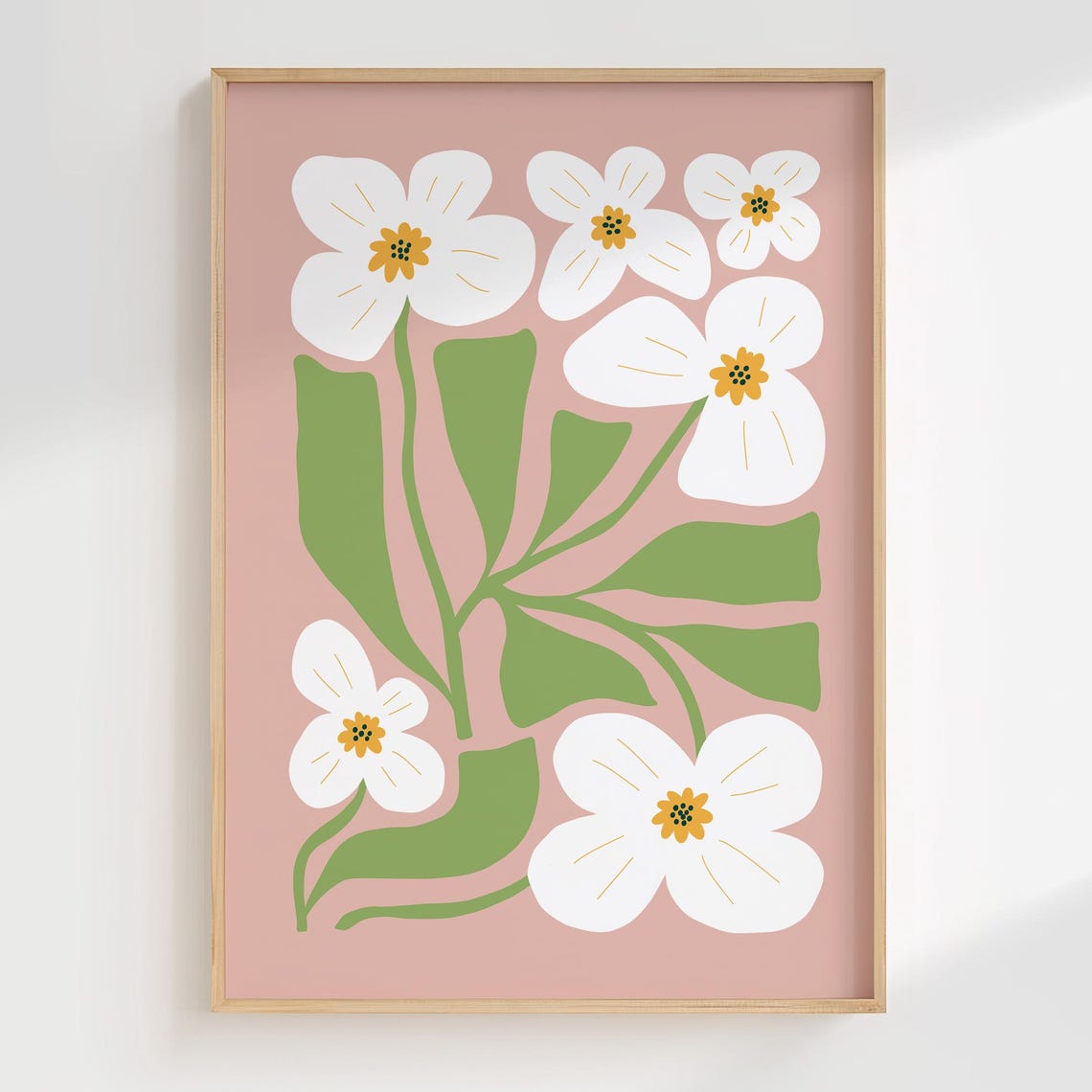 White Folk Flowers On Pink Modern Botanical Illustration Poster