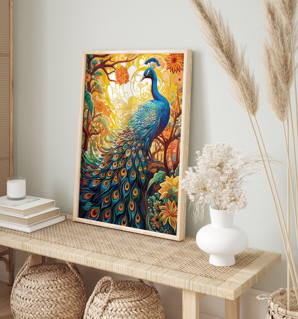 Peacock Golden Autumn Forest Vibrant Plumage Feather Art Poster - Image 4