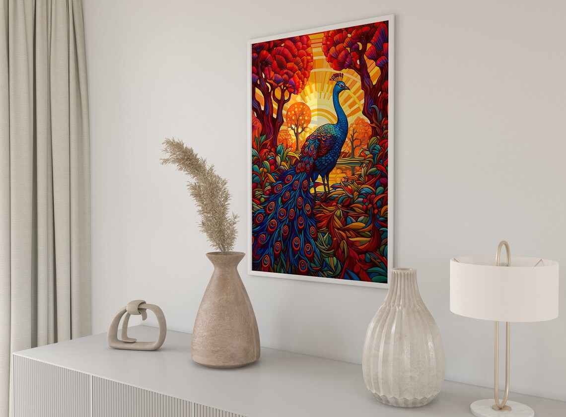 Peacock Autumn Trees Golden Sunset Stained Glass Bird Art Poster - Image 3