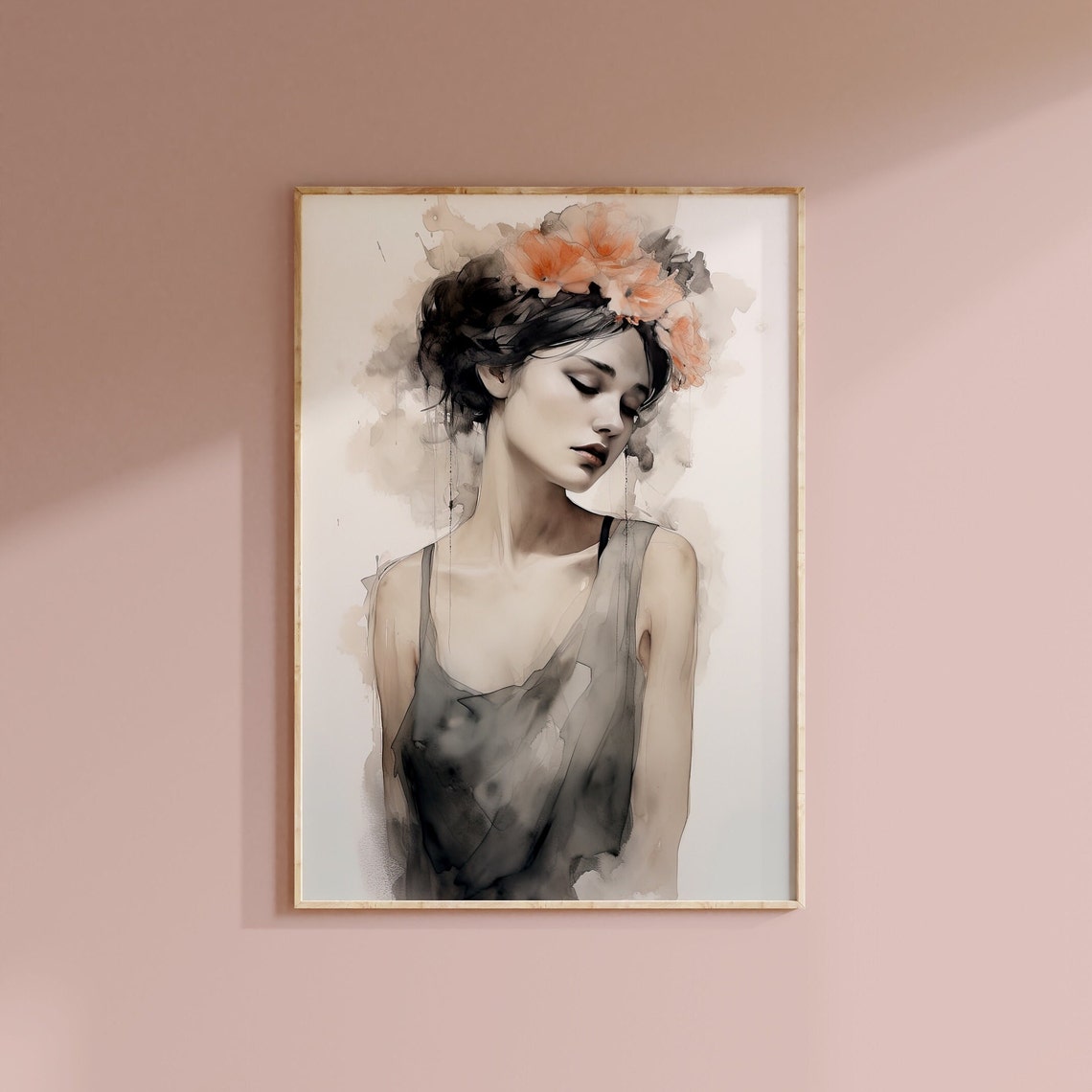 Watercolor Boho Woman Portrait With Floral Crown Soft Neutral Poster - Image 2