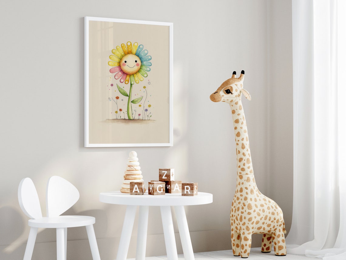 Rainbow Smiling Flower Watercolor Nursery Decor Style Poster - Image 4