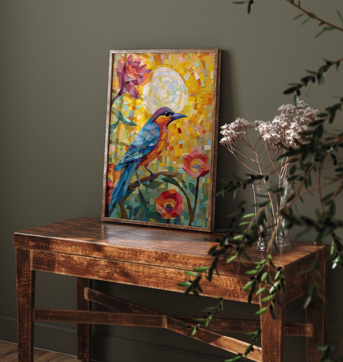 Blue Bird Red Flowers Mosaic Sun Garden Bird Art Wall Poster - Image 4