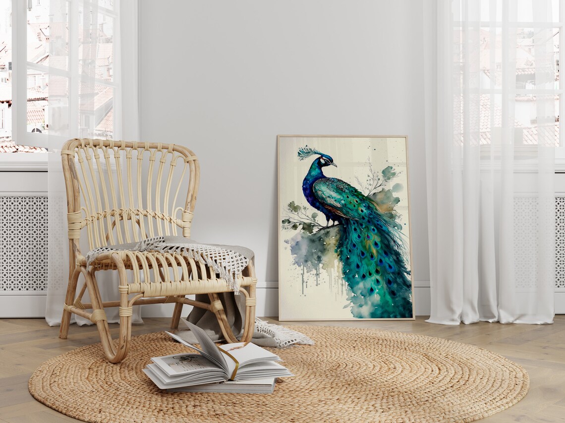 Peacock Watercolor Painting Teal Blue Bird Feather Elegant Art Print - Image 3