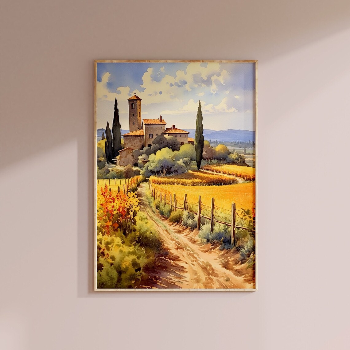 Tuscan Church Bell Tower Vineyard Watercolor Italy Landscape Poster - Image 3