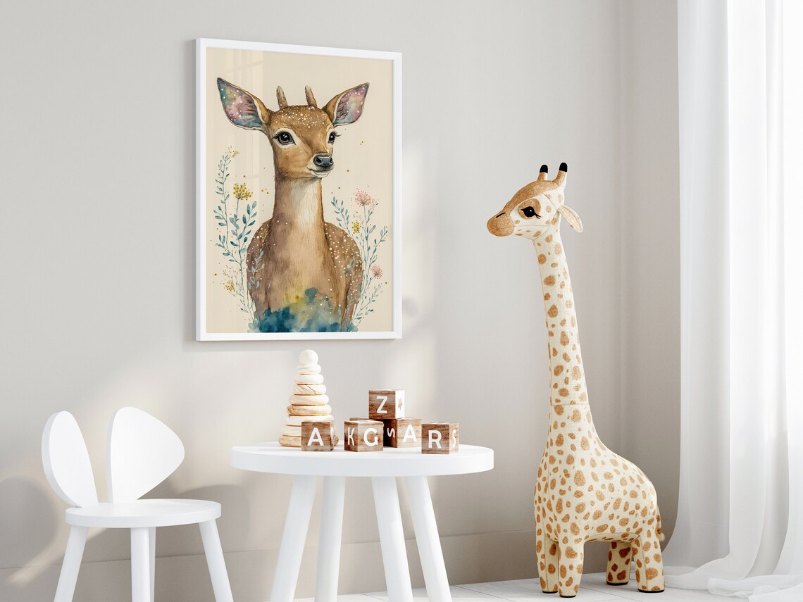 Watercolor Baby Deer Fawn Wildflowers Cute Nursery Art Poster - Image 3