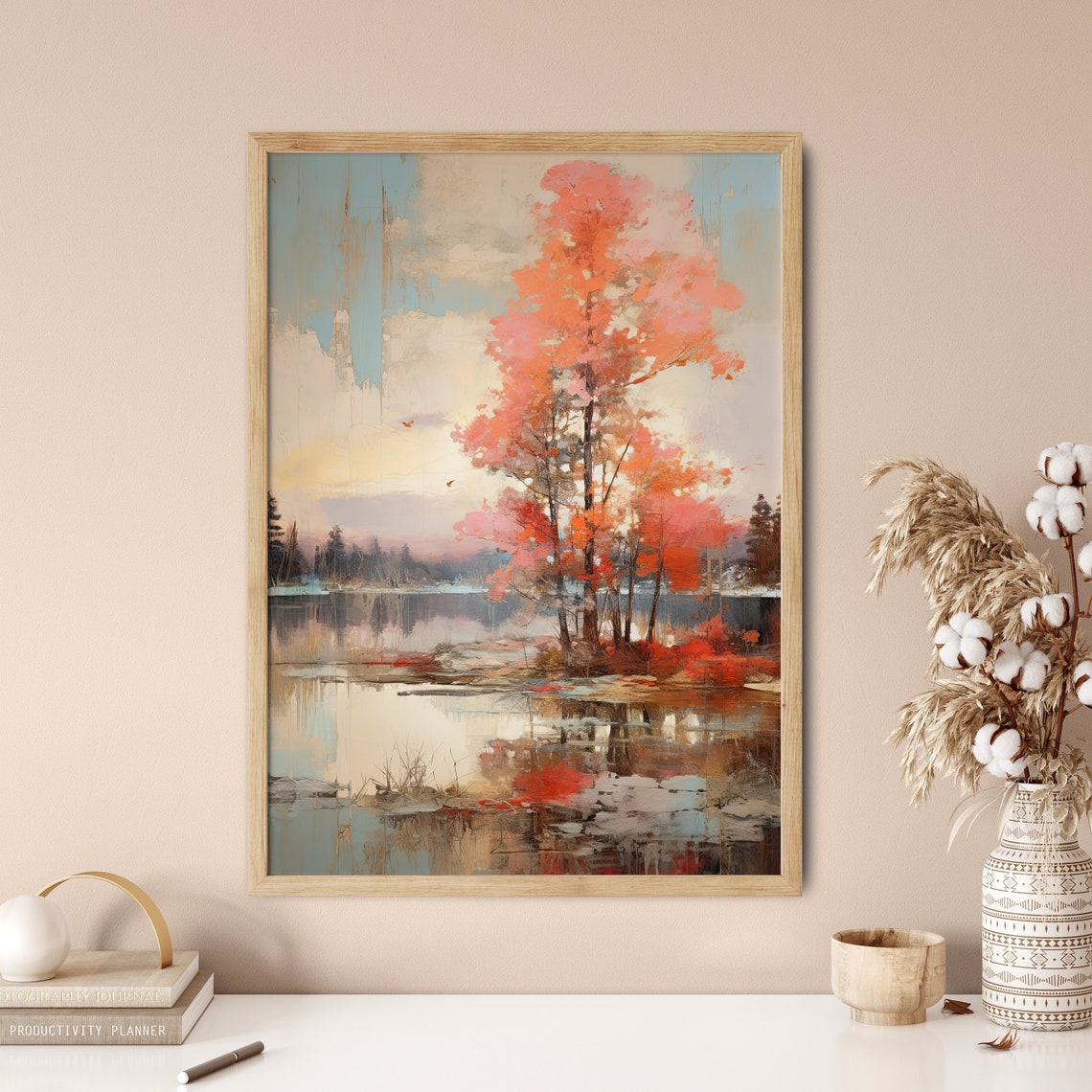 Coral Red Autumn Trees By Tranquil Lake Reflection Art Poster - Image 5
