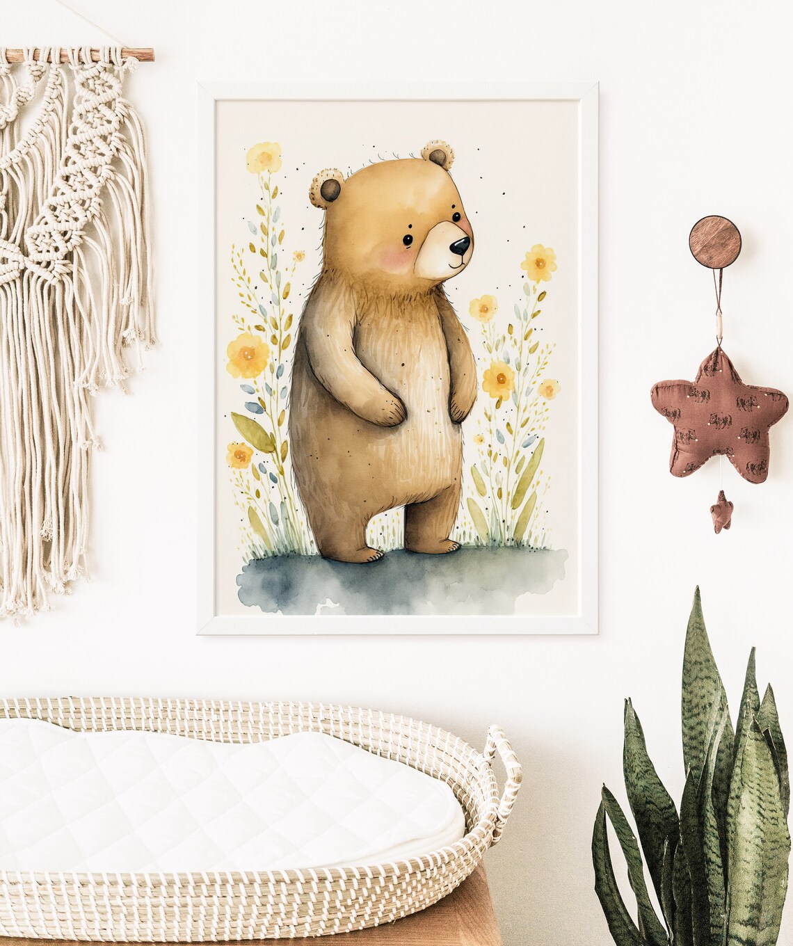 Watercolor Baby Bear Standing Yellow Flowers Nursery Art Poster - Image 5