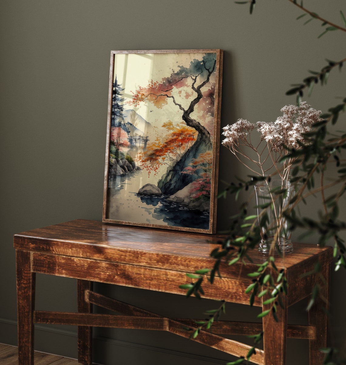 Japanese Autumn Maple Trees River Bridge Mountain View Poster - Image 4