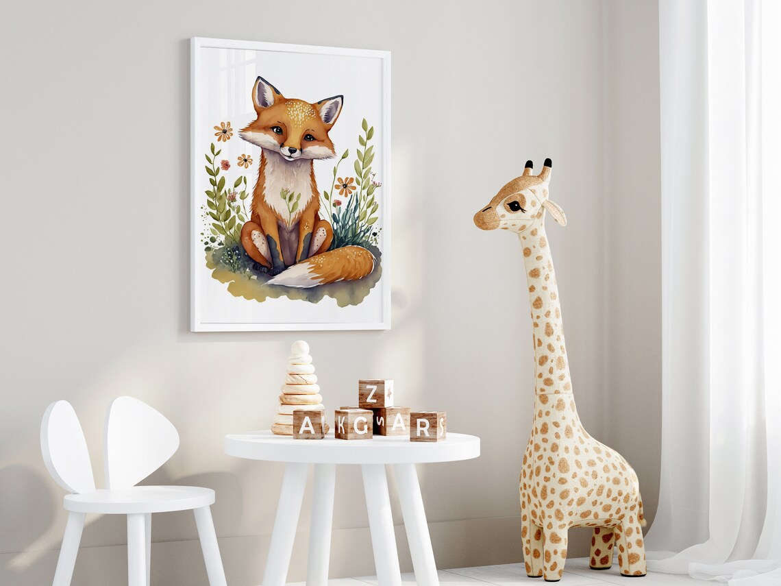 Cute Fox Cub Sitting Wildflowers Watercolor Nursery Art Poster - Image 4