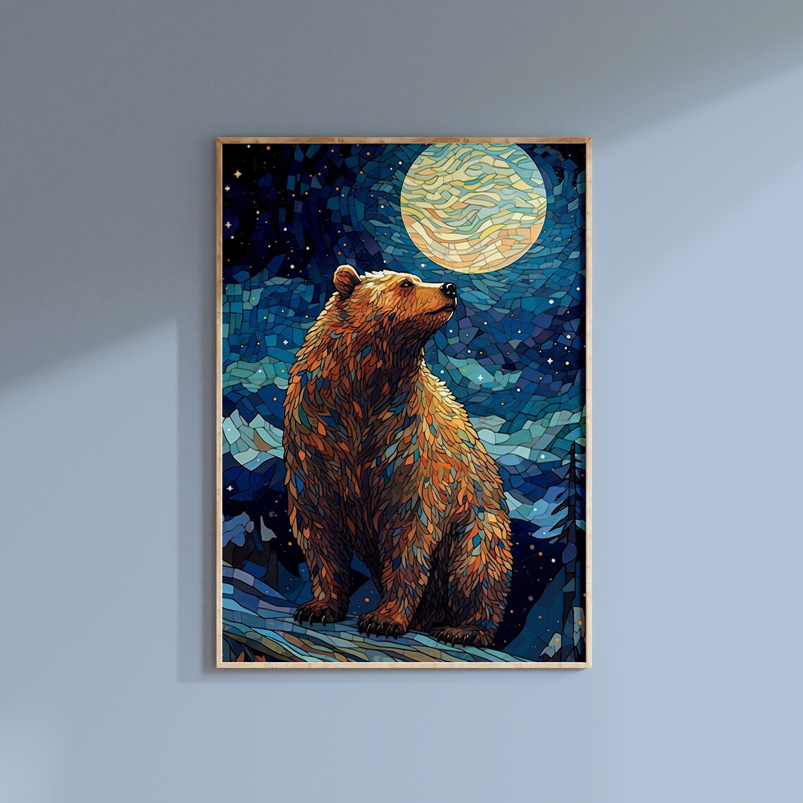 Golden Bear Gazing At Full Moon Blue Mosaic Starry Night Poster - Image 2