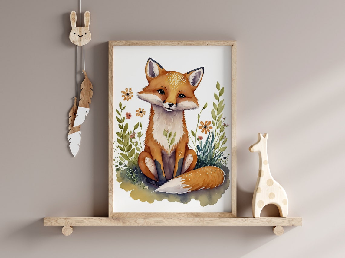 Cute Fox Cub Sitting Wildflowers Watercolor Nursery Art Poster - Image 2