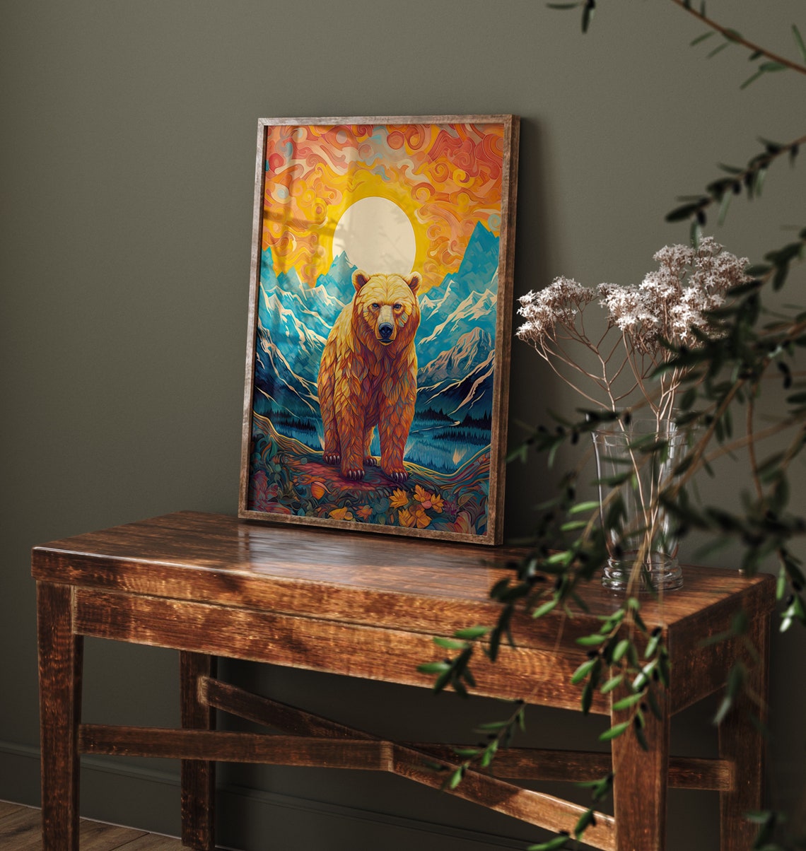 Bear Standing Before Mountain Sunrise Psychedelic Nature Poster - Image 2