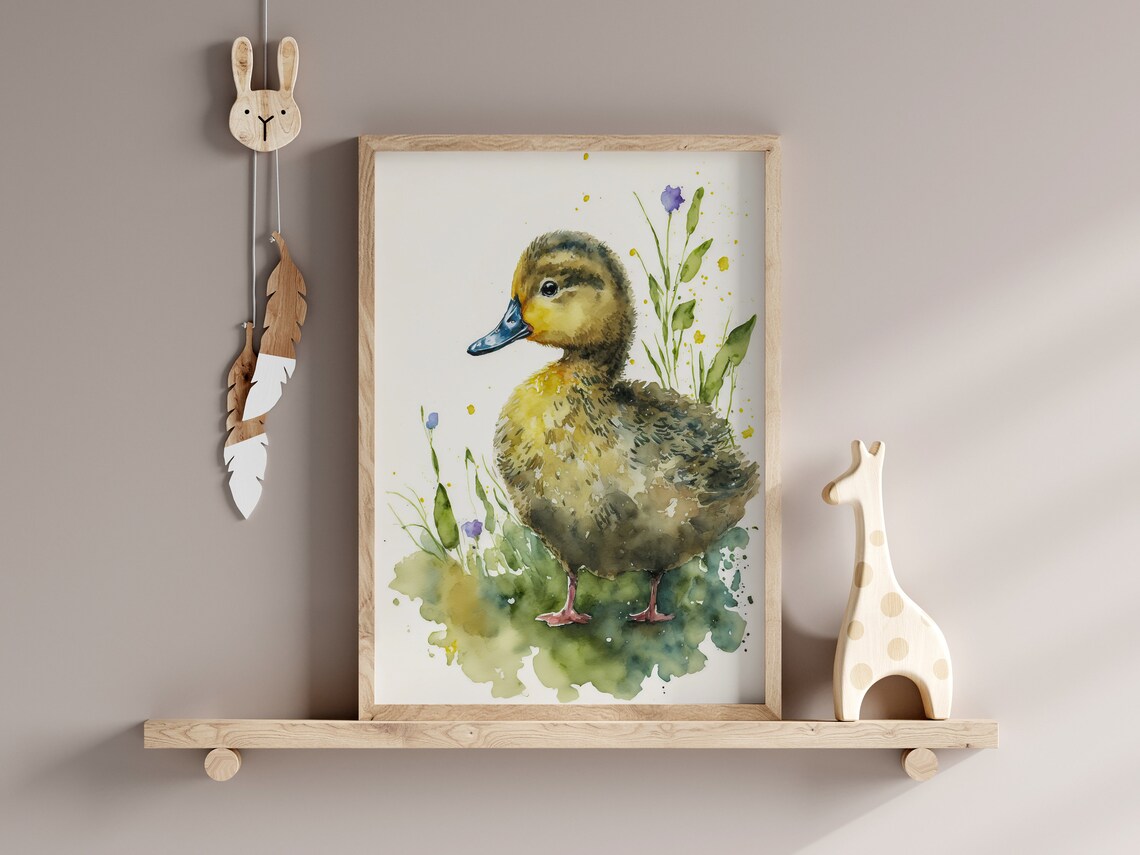 Cute Duckling Watercolor Grass Flowers Baby Nursery Art Poster - Image 2