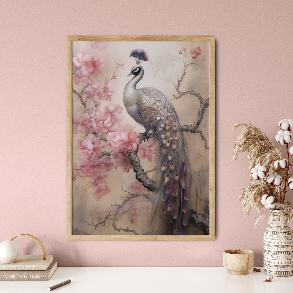 Elegant Peacock Pink Cherry Blossom Watercolour Bird Art Poster - Image 5