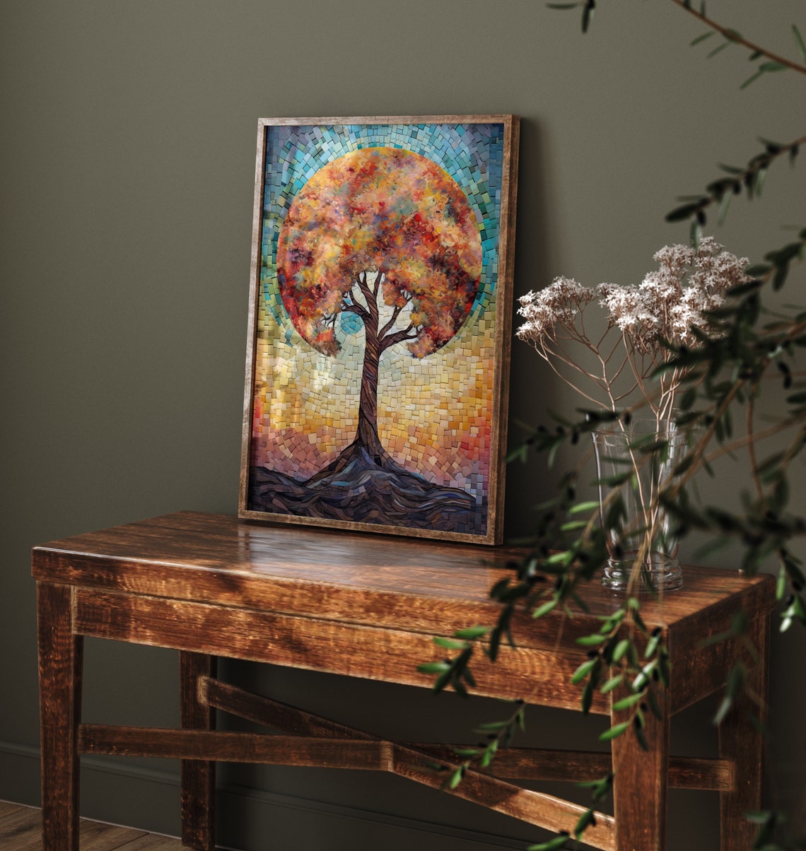 Round Canopy Mosaic Tree Teal Sky Autumn Colours Decor Poster - Image 4