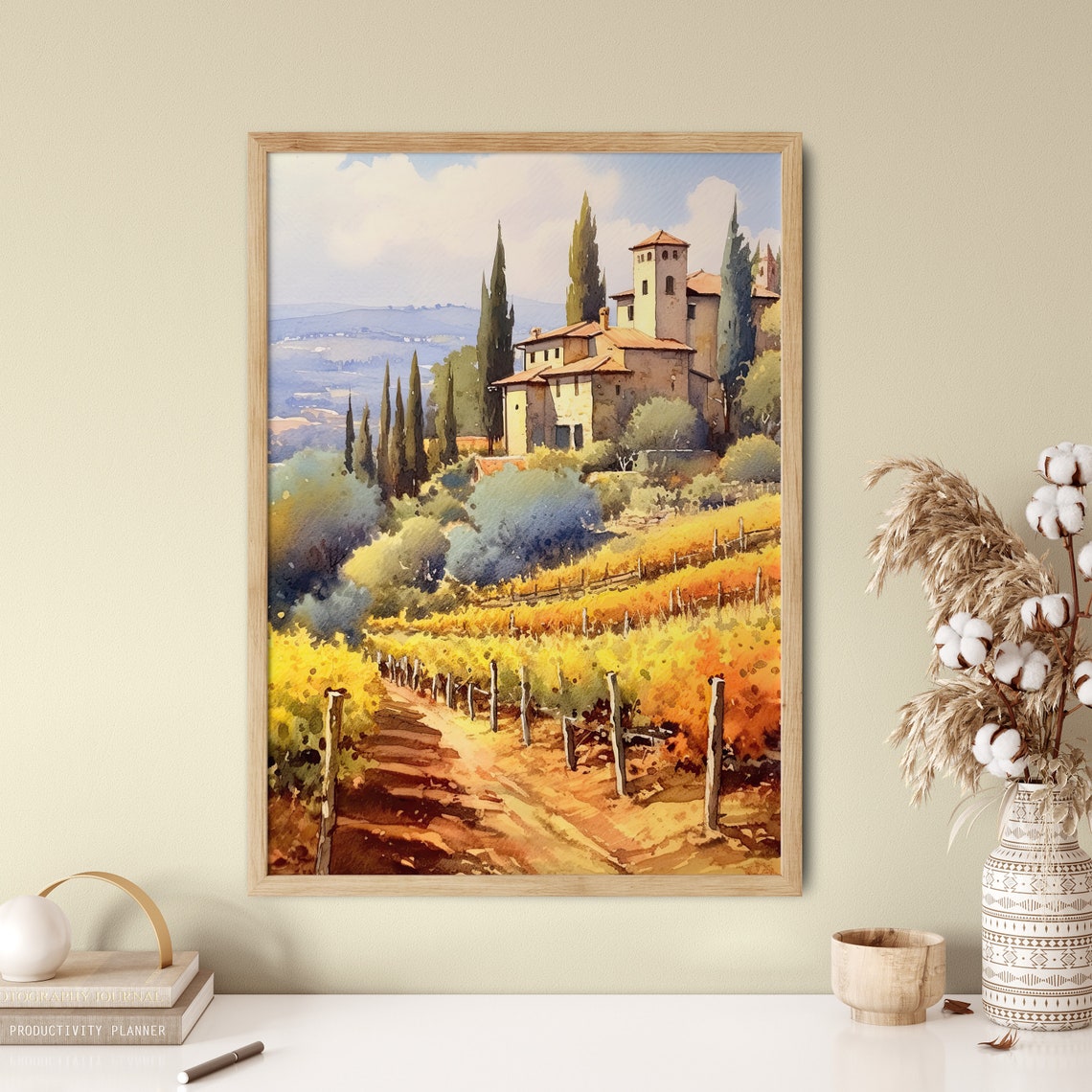 Tuscan Farmhouse Cypress Trees Golden Vineyard Watercolor Poster - Image 5