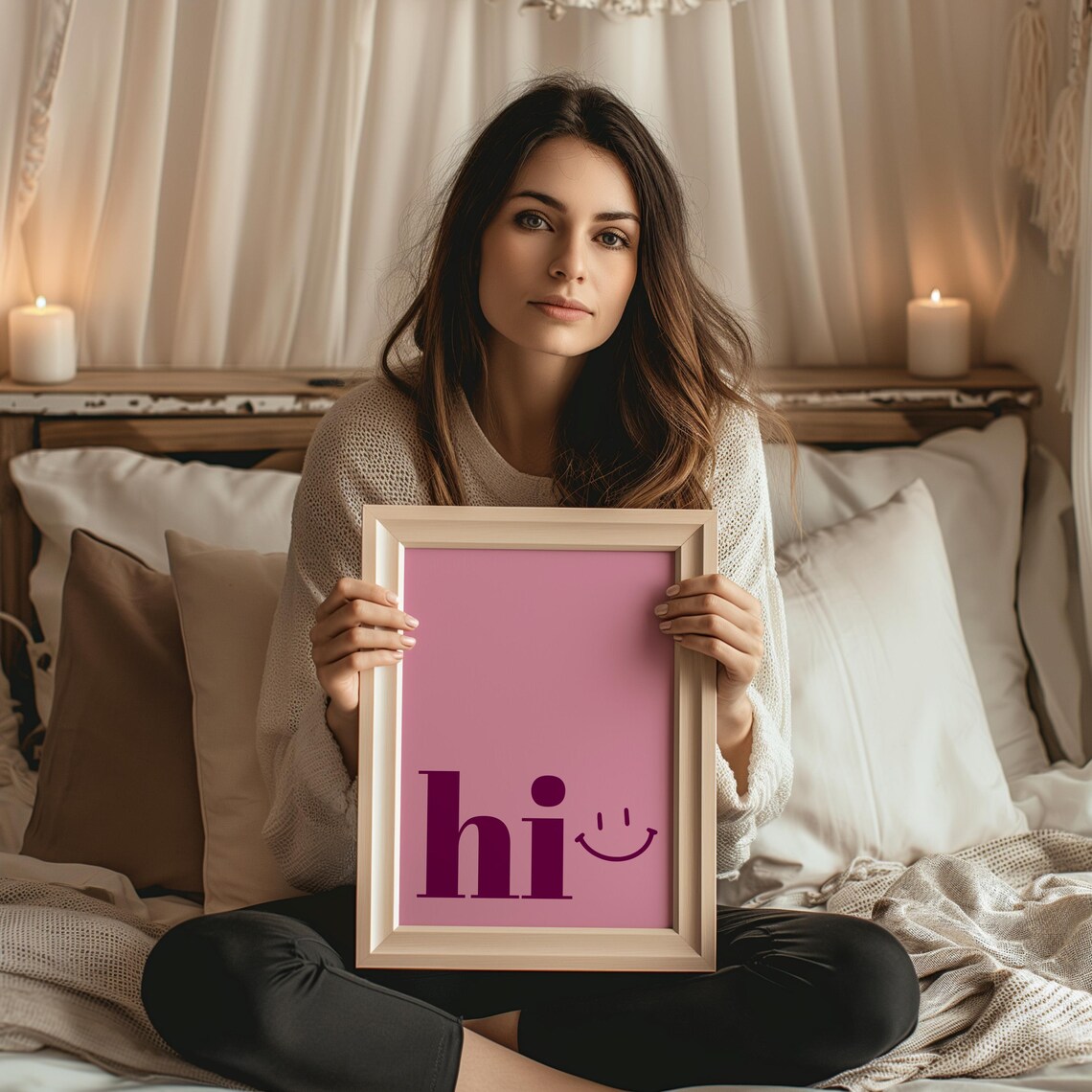 Hi Smiley Face Pink Minimalist Cheerful Happy Greeting Wall Art - Image 2