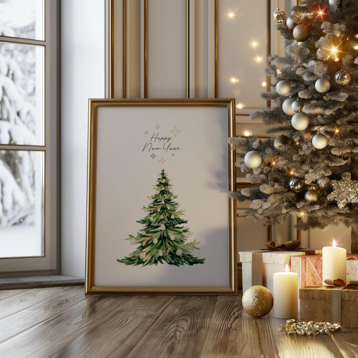 Happy New Year Watercolor Tree Minimalist Holiday Print Gift