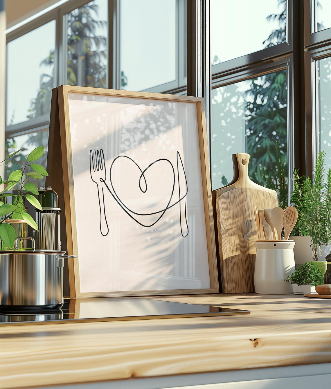 Single Line Fork Knife Heart Minimalist Kitchen Dining Wall Art