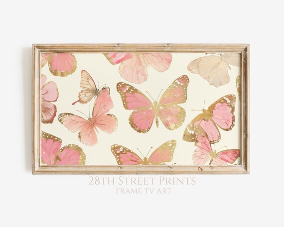 Pink Gold Butterflies Whimsical Watercolor Cream Background Wall Art