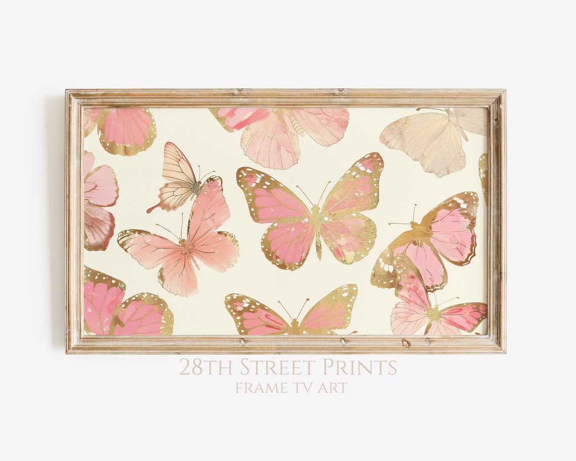 Pink Gold Butterflies Whimsical Watercolor Cream Background Wall Art