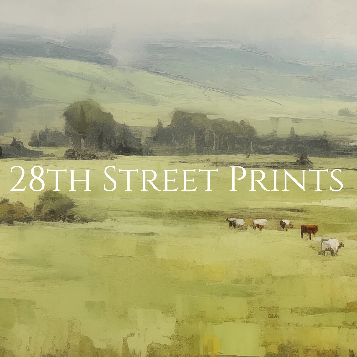 Green Grazing Meadow Cows Farmhouse Rolling Hills Vintage Landscape Art Print - Image 3