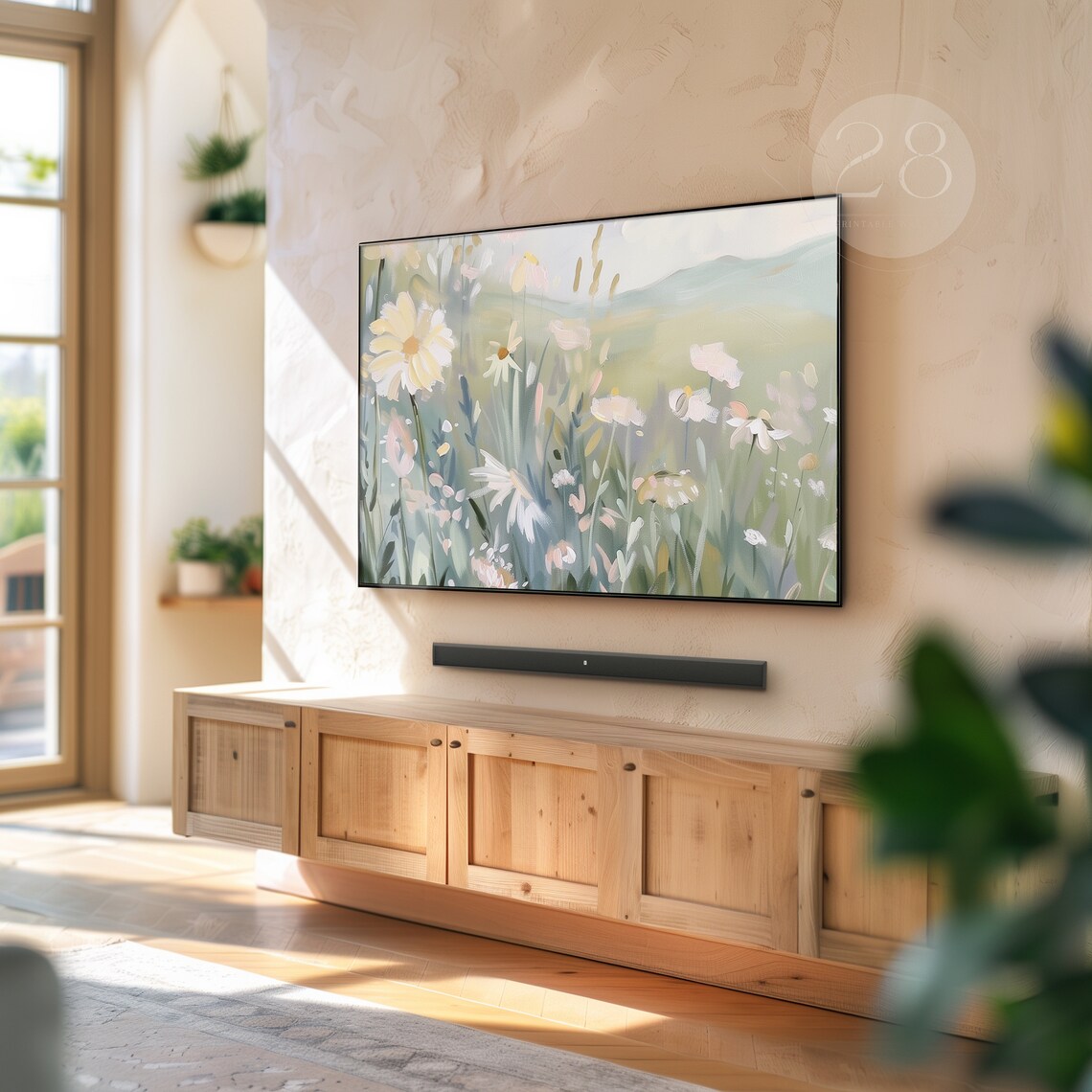 Daisy Cosmos Wildflower Field Rolling Hills Spring Landscape Painting Art Print - Image 2