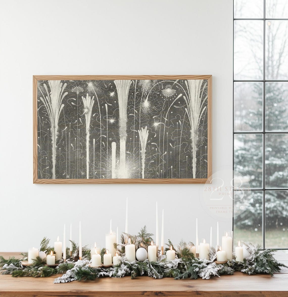 Vintage Black White Fireworks Engraving New Years Eve Night Sky Poster - Image 3