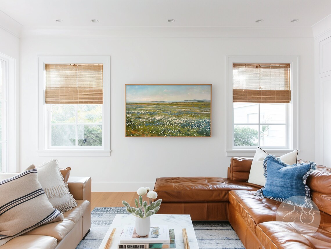 Vast White Blue Wildflower Meadow Distant Hills Summer Landscape Painting Art Print - Image 2