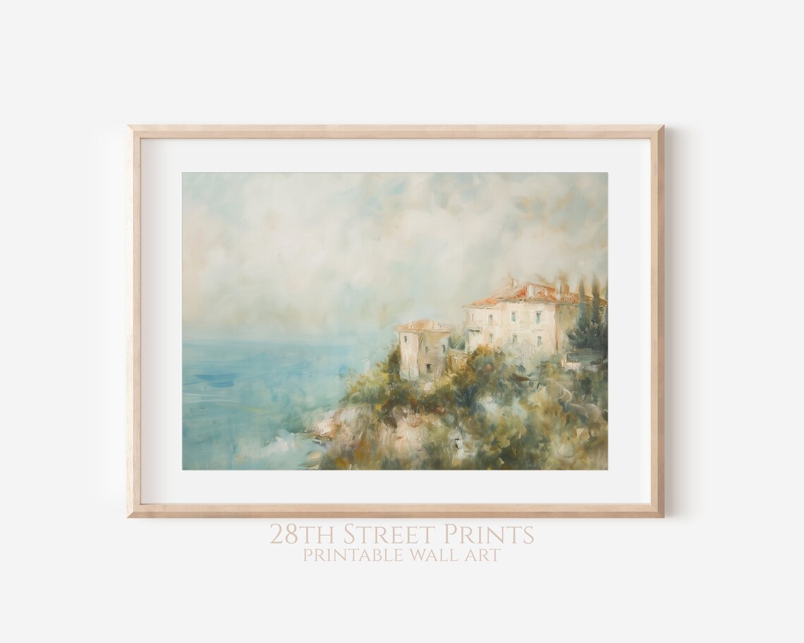 Coastal Villa Cliff Turquoise Sea Mediterranean Vintage Oil Painting Poster - Image 2
