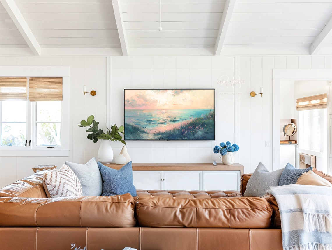 Pastel Ocean Sunset Turquoise Waves Pink Dune Flowers Coastal Poster - Image 2