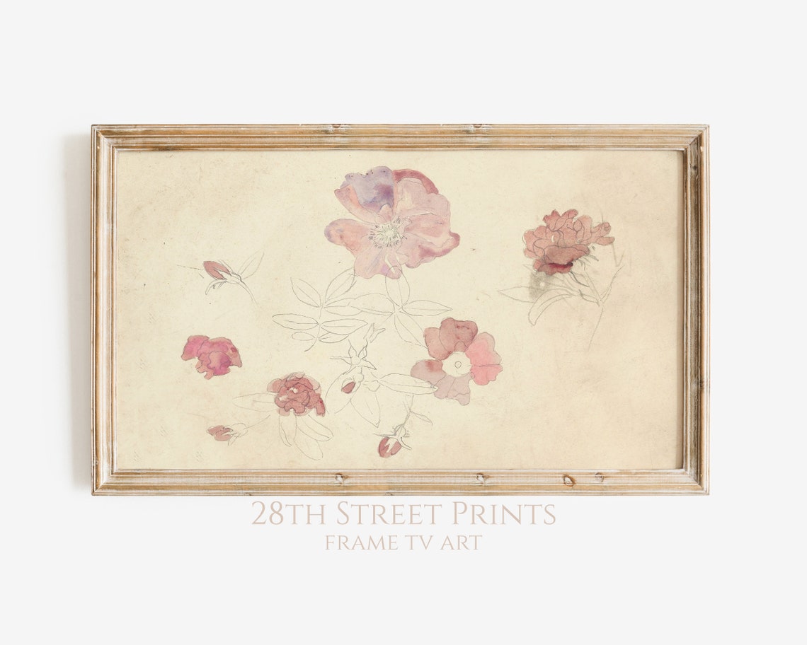 Vintage Painting Pink Flowers Frame Tv Summer Art Frame Tv Art Frame Tv Vintage Flowers Girls Room Decor 28th Street Prints