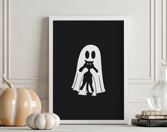 Halloween Ghost Holding Black Cat Spooky Black Background Poster