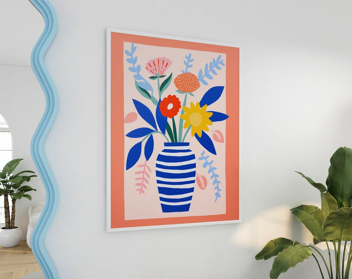 Colorful Flowers Blue Striped Vase Coral Border Modern Floral Poster - Image 2