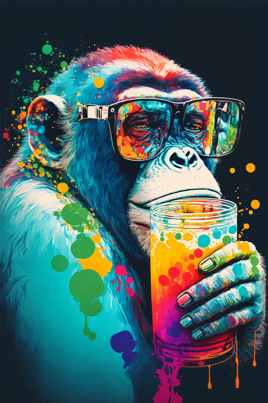 Cool Monkey Sunglasses Rainbow Drink Pop Art Portrait Poster