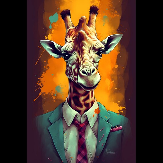 Giraffe in Teal Suit and Red Tie Smiling Office Portrait Poster