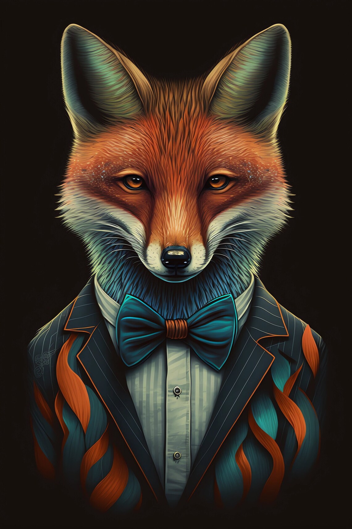 Fox in Pinstripe Suit and Blue Bow Tie Elegant Gentleman Portrait Poster