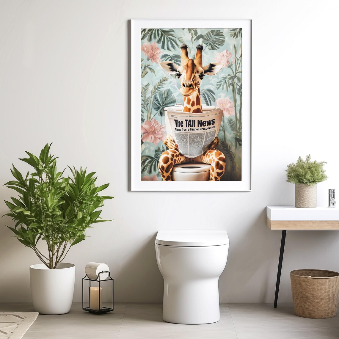 Giraffe Reading The Tall News on a Toilet in a Tropical Bathroom Poster - Image 4