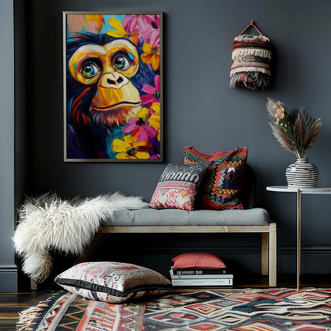 Monkey Portrait in Vivid Abstract Paint With Blooming Flowers Poster - Image 2