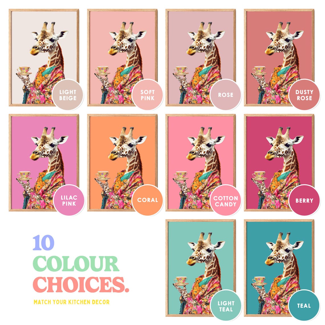Giraffe In Floral Kimono Holding A Tea Cup On Hot Pink Poster - Image 5