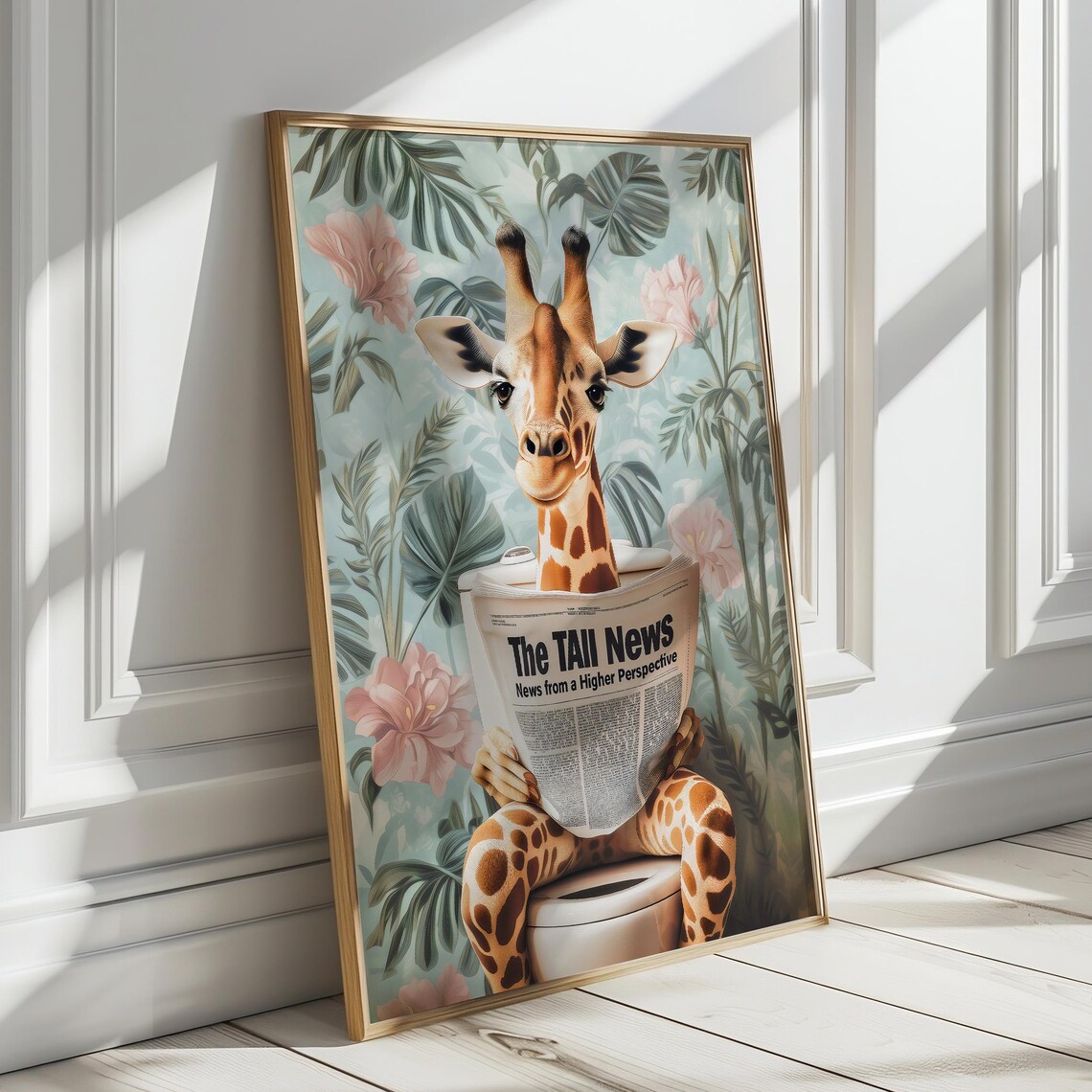 Giraffe Reading The Tall News on a Toilet in a Tropical Bathroom Poster - Image 2