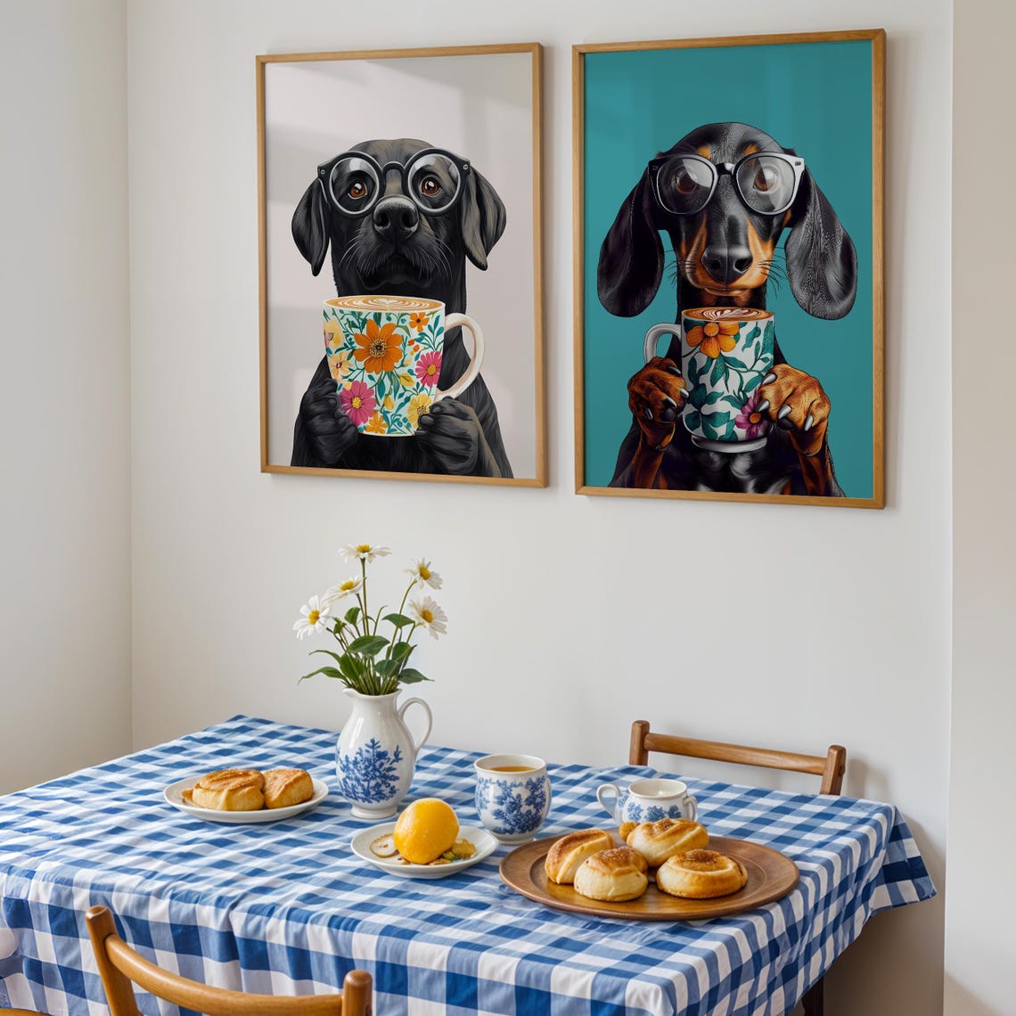 Dachshund Wearing Glasses Holding Floral Coffee Mug On Teal Poster - Image 3