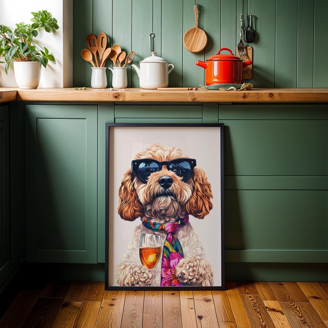Cockapoo In Sunglasses Holding Wine Glass With Floral Tie Poster - Image 3