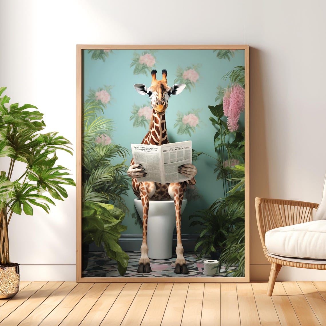 Giraffe Sitting on a Toilet Reading the Newspaper Bathroom Poster