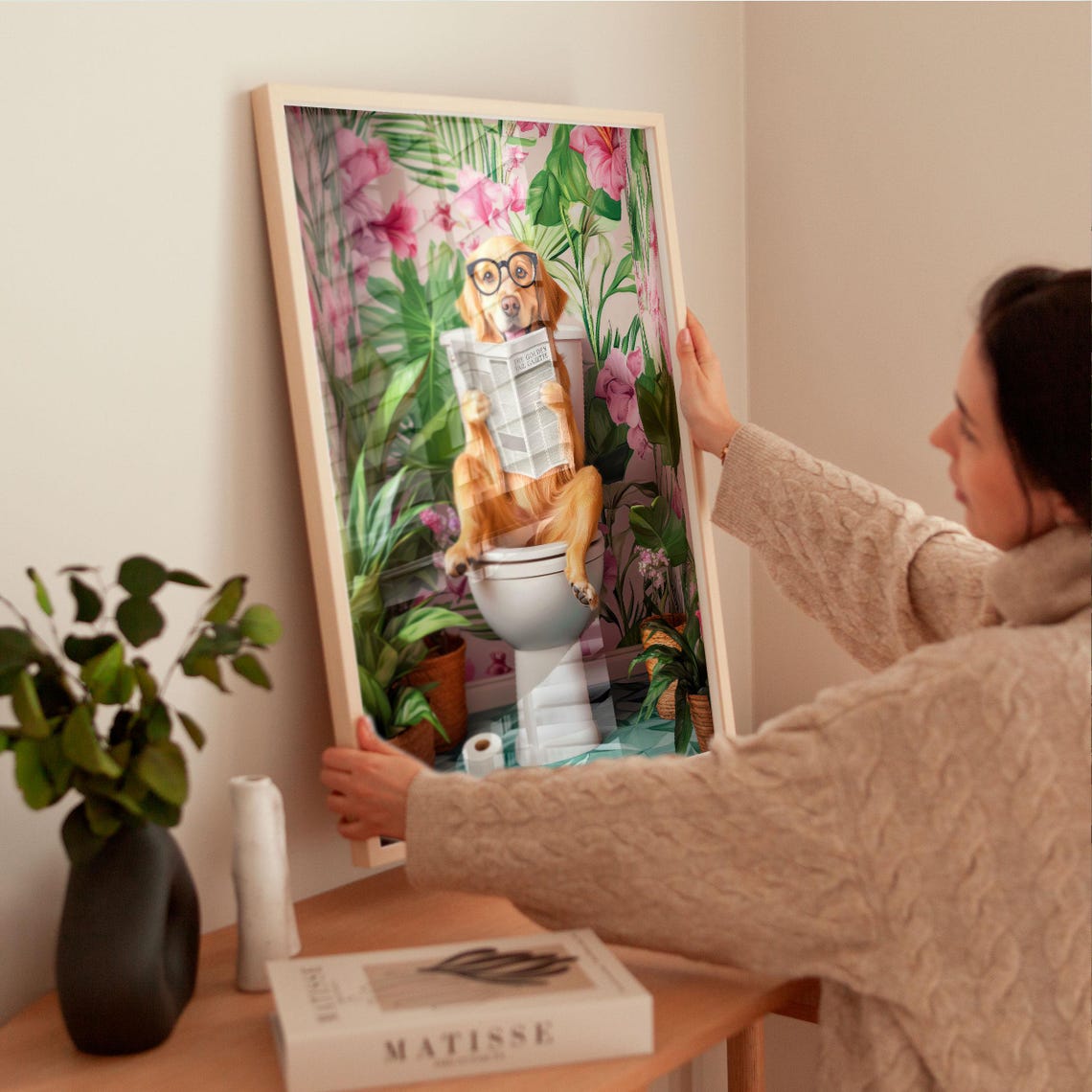 Golden Retriever With Glasses Reading the Paper on a Toilet Poster - Image 4