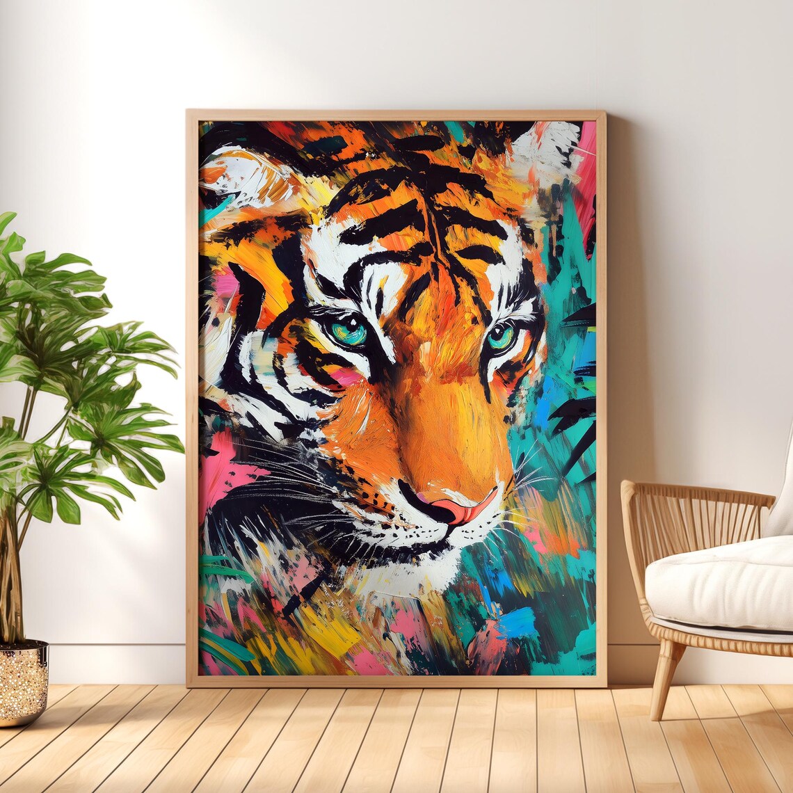Tiger Face in Vivid Abstract Paint With Tropical Flowers Poster