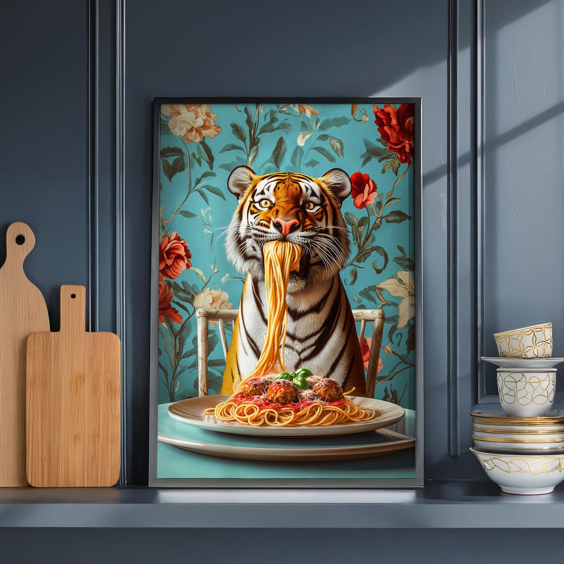 Tiger Slurping Spaghetti With Meatballs Floral Kitchen Poster - Image 5