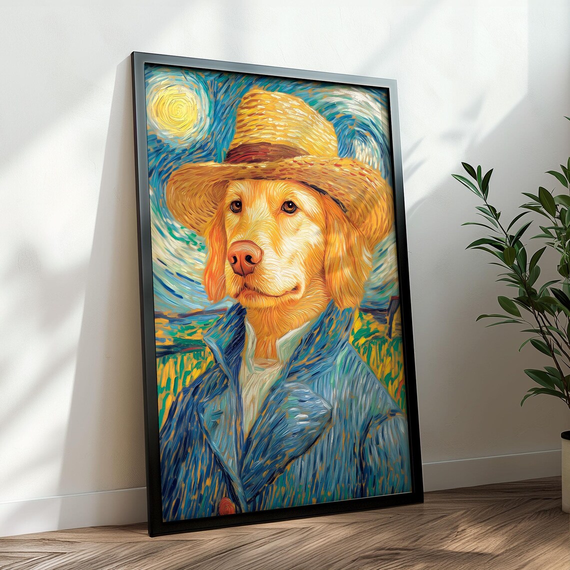 Golden Retriever Van Gogh Straw Hat Self Portrait Parody Art Poster - Image 3