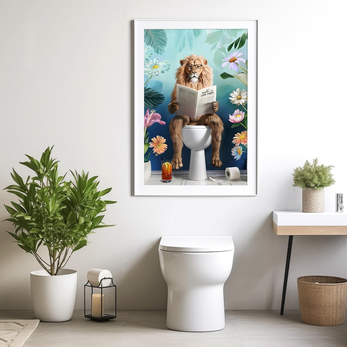 Lion in Glasses Reading the Lion Times on a Toilet Teal Poster - Image 3